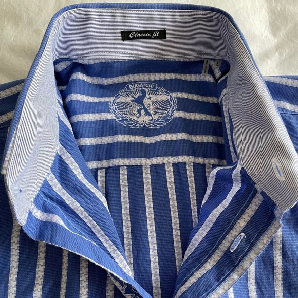 Bugatchi Shirt - Blue with White Stripe - Large - Classic Fit - Picture 5 of 5